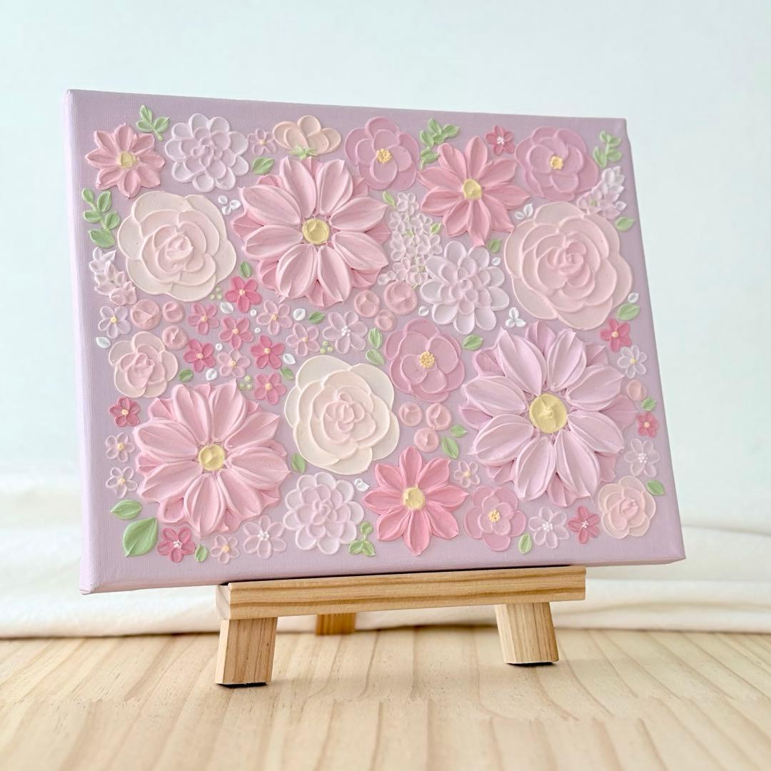 テクスチャーアート 花 インテリアアート ブーケ 花畑 ピンク フラワーアート