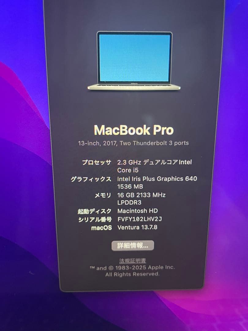 【美品】箱ありMacBook Pro 13インチ 2017 シルバー 250GB