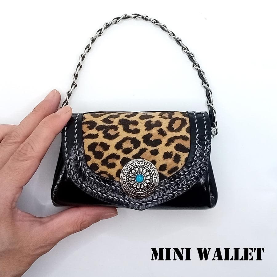 【専用です】本革レザーミニウォレットヒョウ柄ハラコレオパードピンク&ブラック