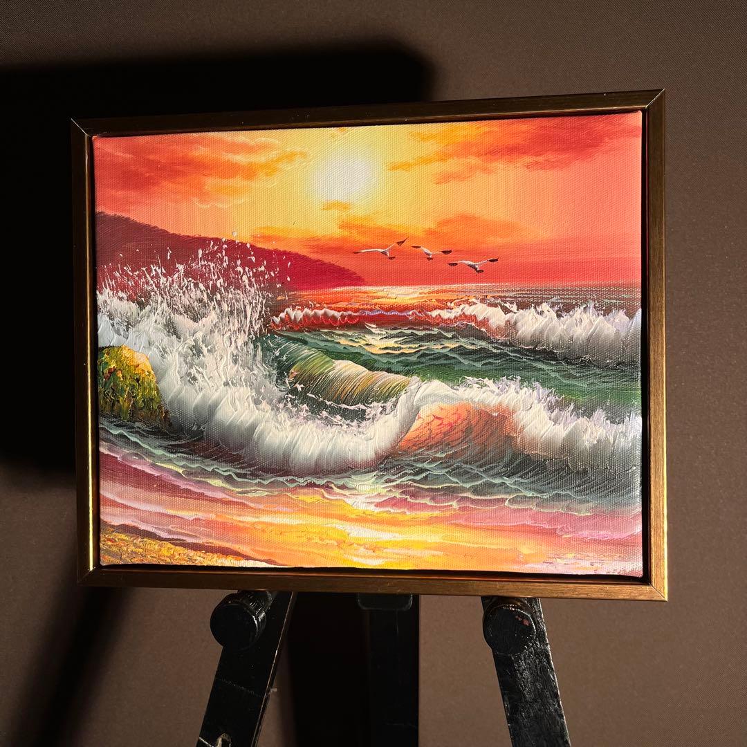 手描き油絵 荒海 額付 肉筆絵画 インテリア 油彩画