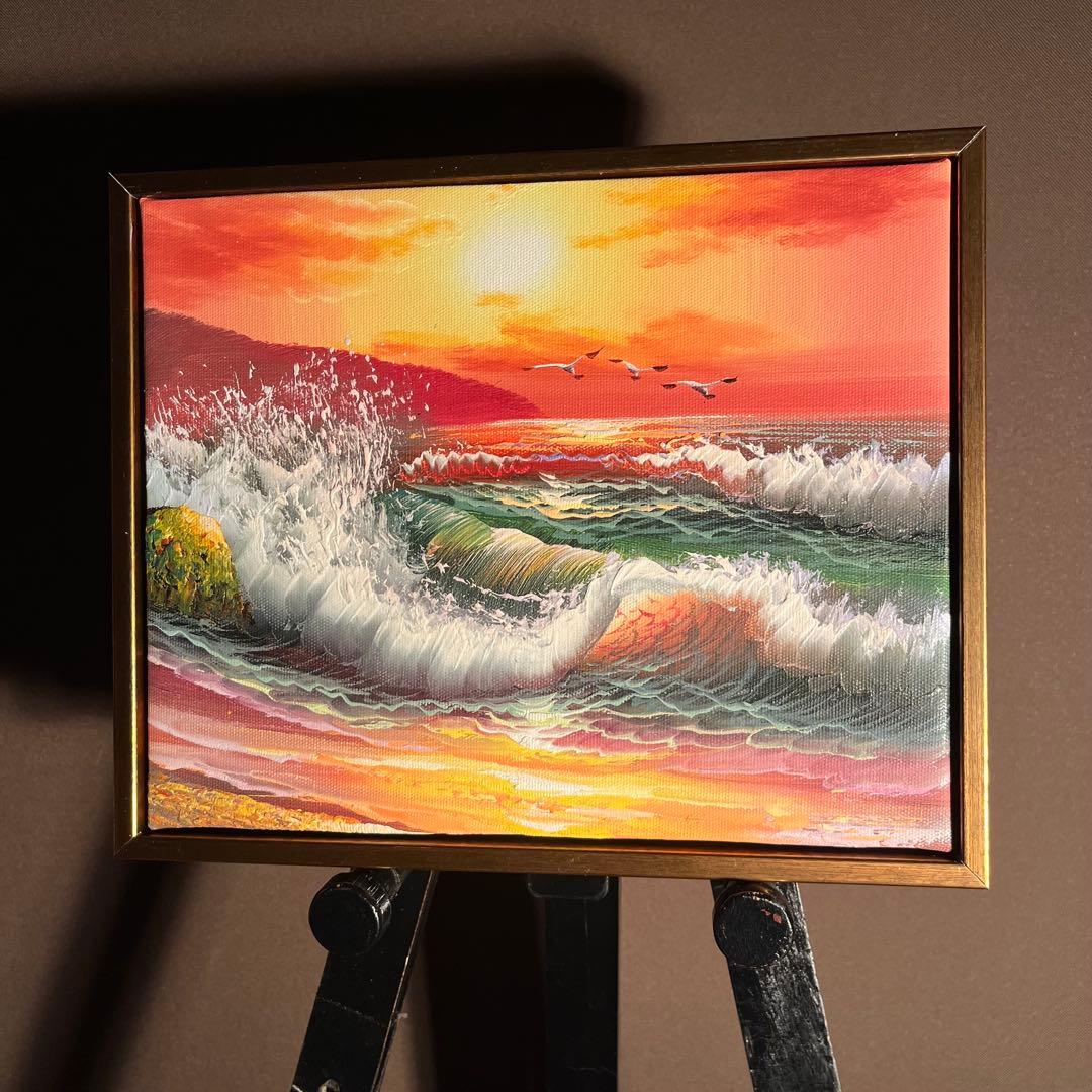 手描き油絵 荒海 額付 肉筆絵画 インテリア 油彩画