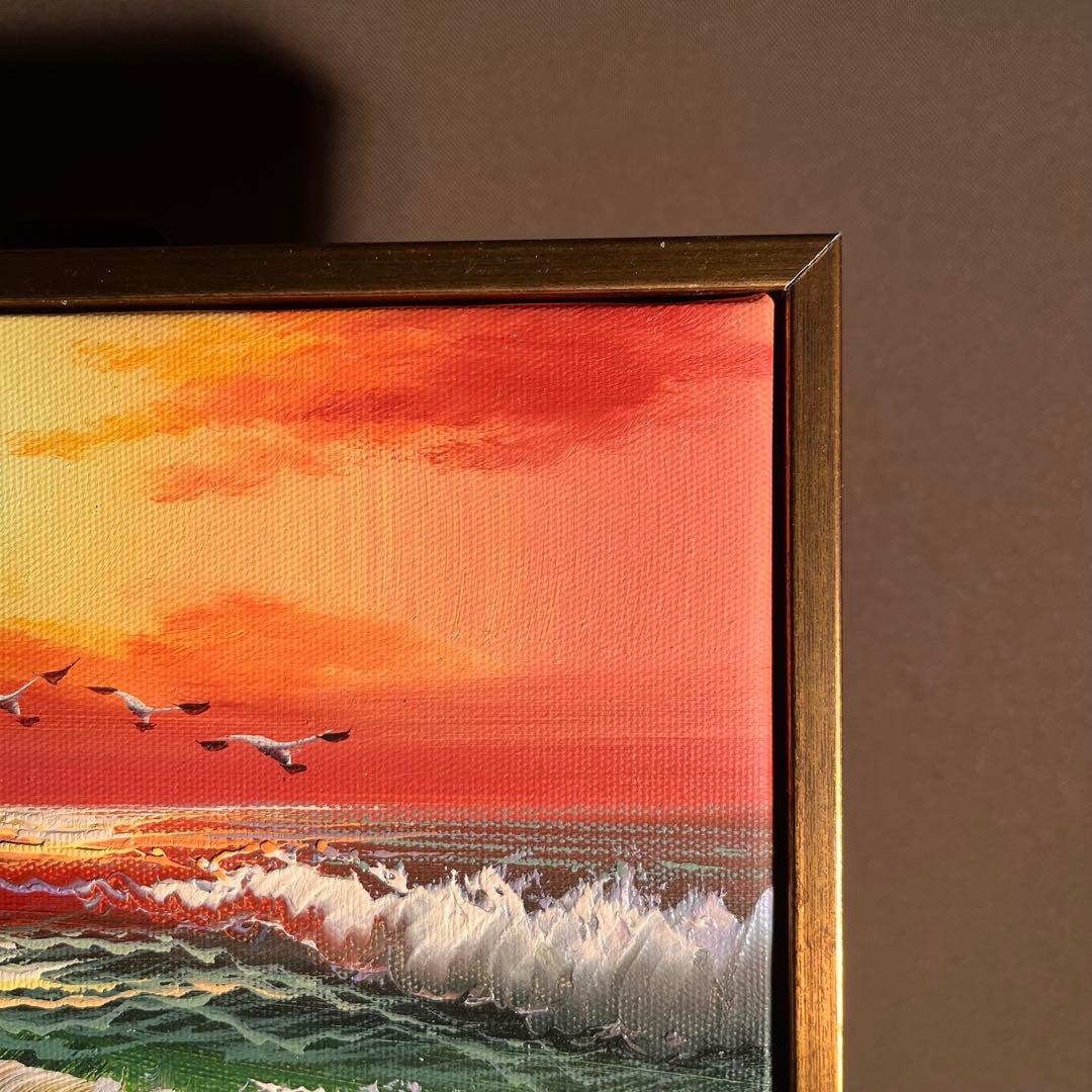 手描き油絵 荒海 額付 肉筆絵画 インテリア 油彩画
