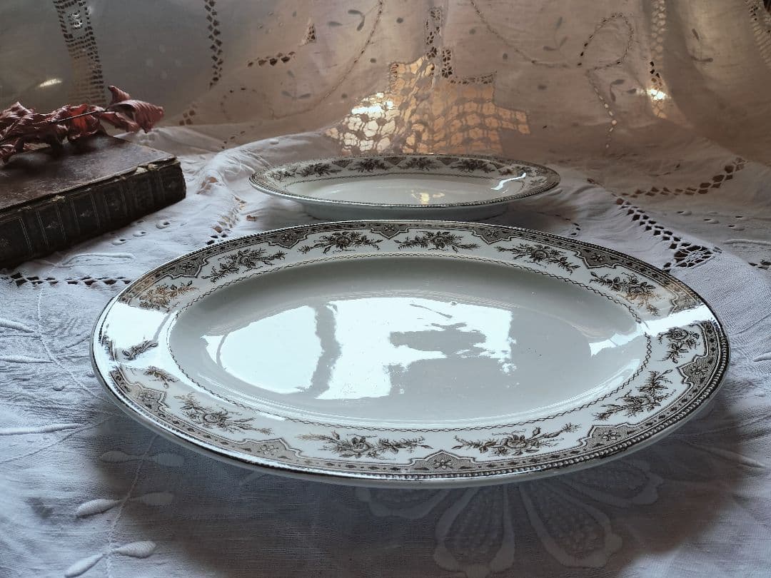 アンティーク　フランス　花柄　オーバル皿セット 大小2枚