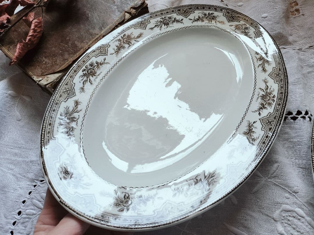 アンティーク　フランス　花柄　オーバル皿セット 大小2枚