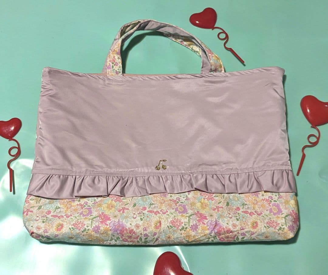 さくらんぼ　花柄　くすみ紫　レッスンバッグ　上履き袋　入学　入園　女子