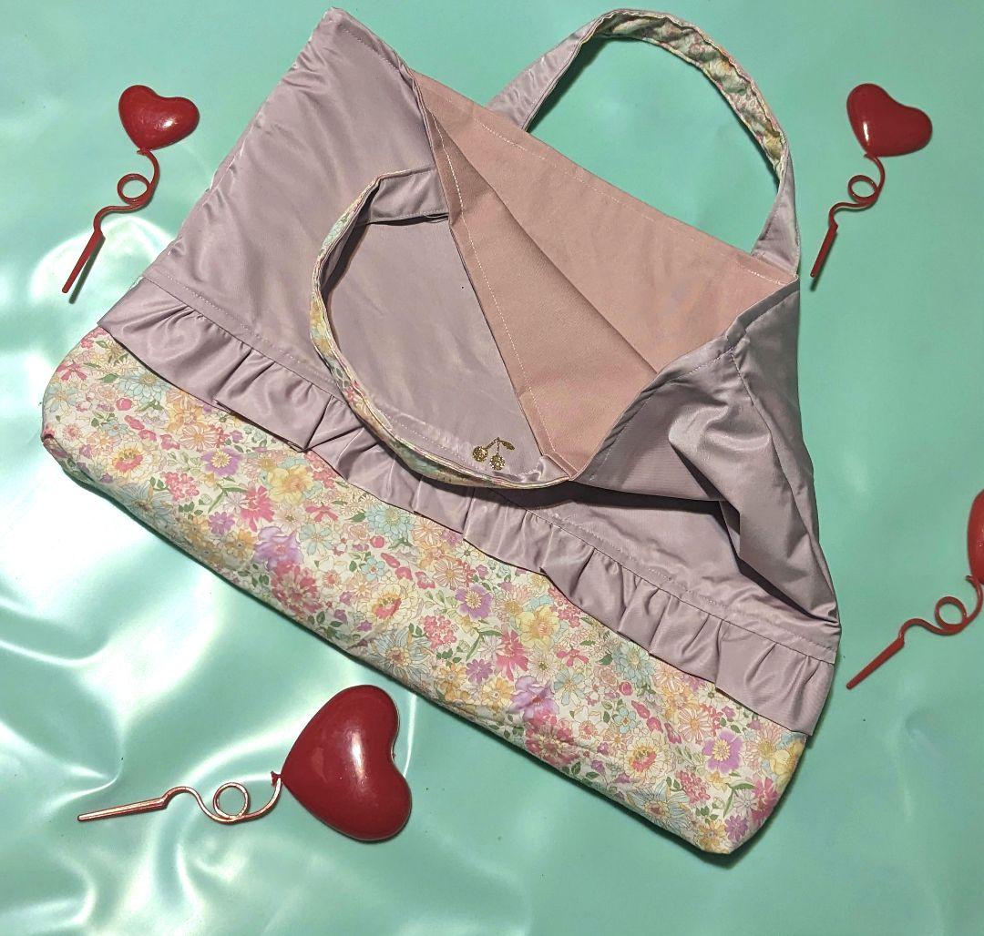 さくらんぼ　花柄　くすみ紫　レッスンバッグ　上履き袋　入学　入園　女子