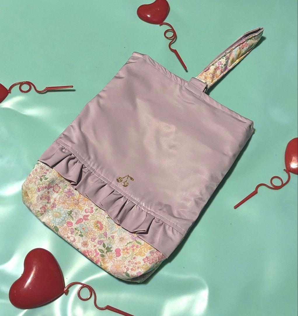 さくらんぼ　花柄　くすみ紫　レッスンバッグ　上履き袋　入学　入園　女子