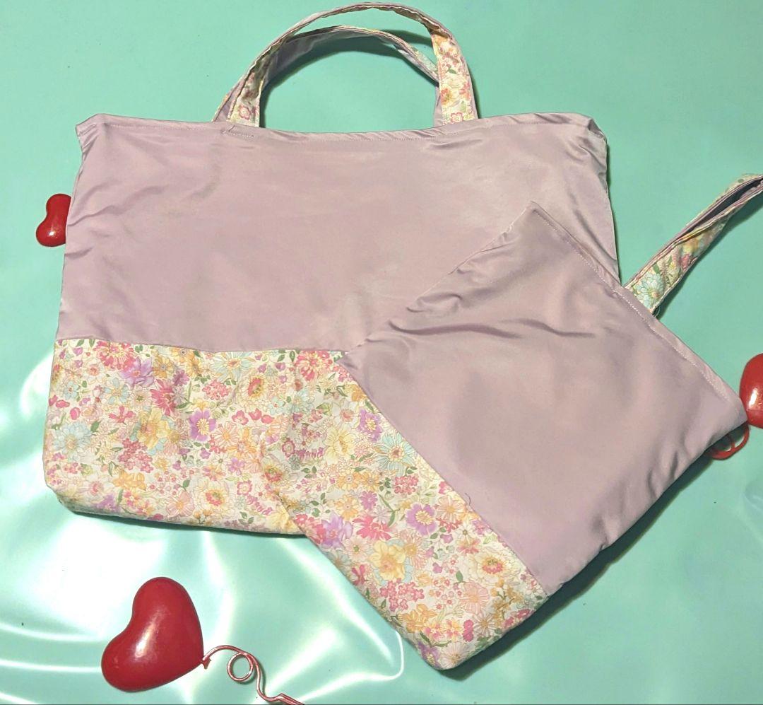 さくらんぼ　花柄　くすみ紫　レッスンバッグ　上履き袋　入学　入園　女子