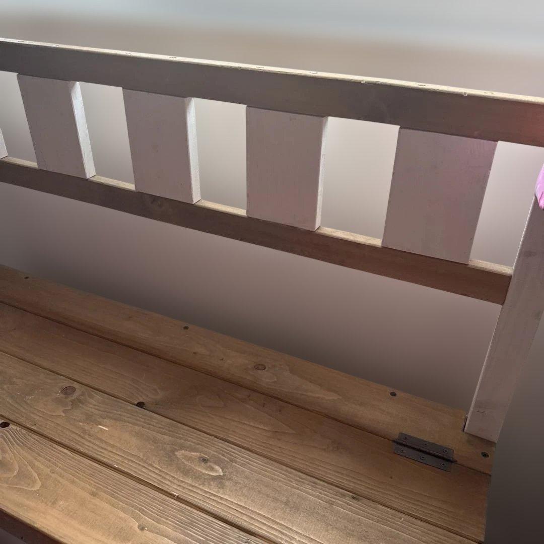 木製ベンチ 収納付き 白と木目　ハンドメイド　ガーデニング