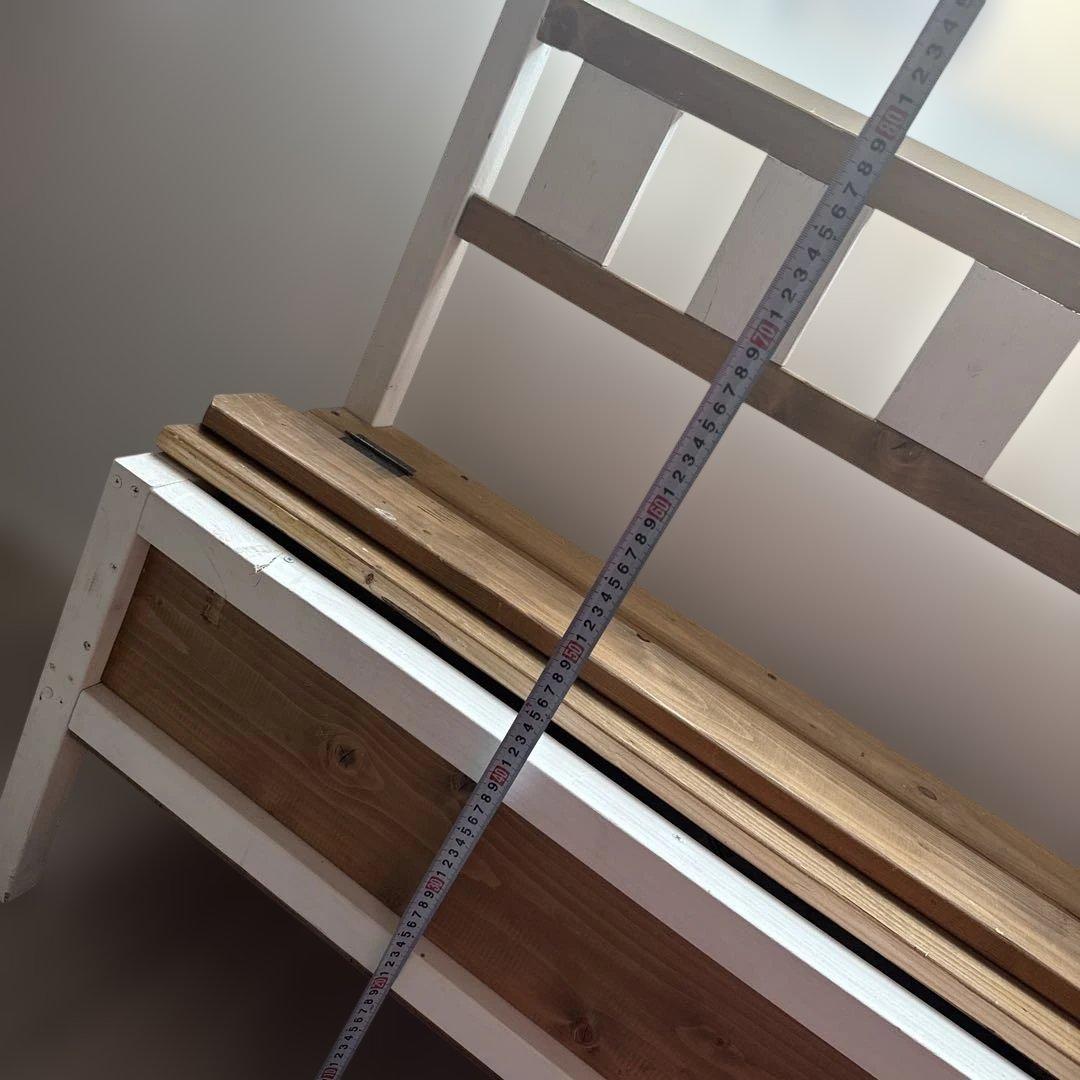 木製ベンチ 収納付き 白と木目　ハンドメイド　ガーデニング