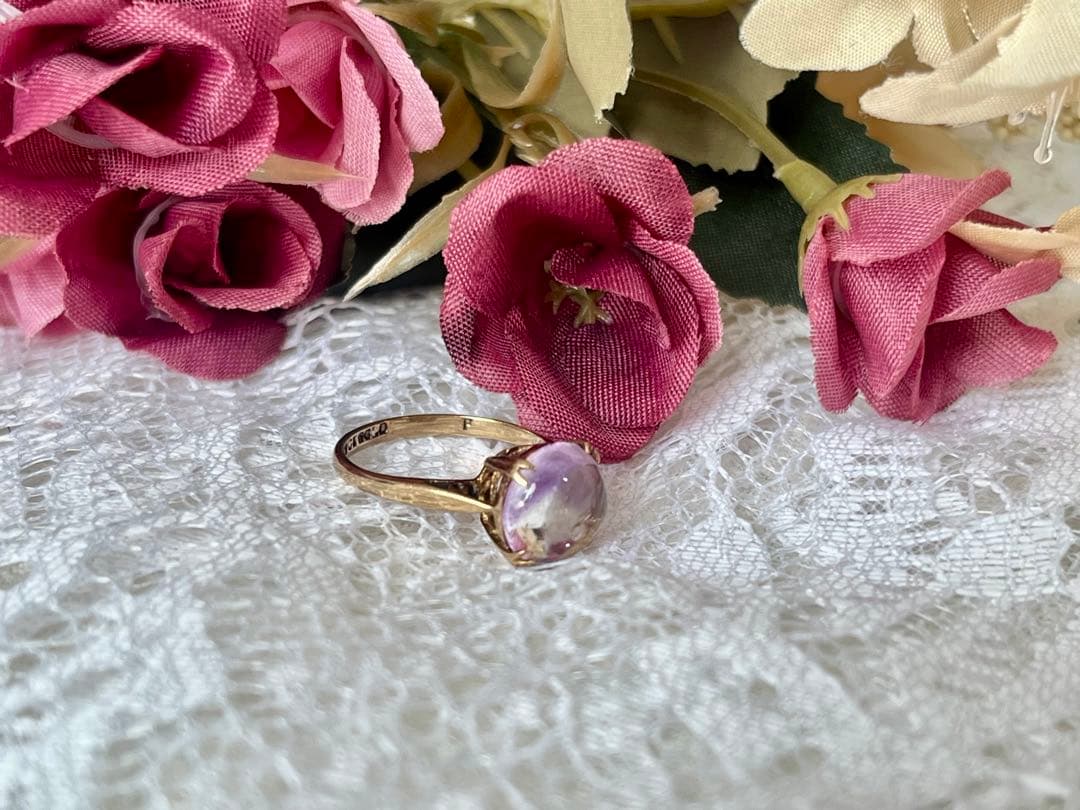 【超プレミア級】英国アンティーク 9金 カボションアメジストリング 約3.5ct