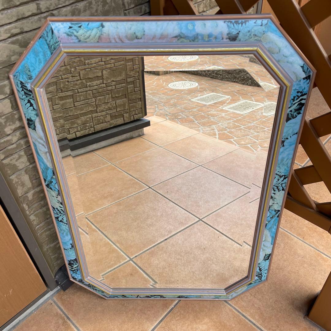 イタリア製 アンティーク調 ミラー 壁掛け 八角鏡 花模様 ウォールミラー