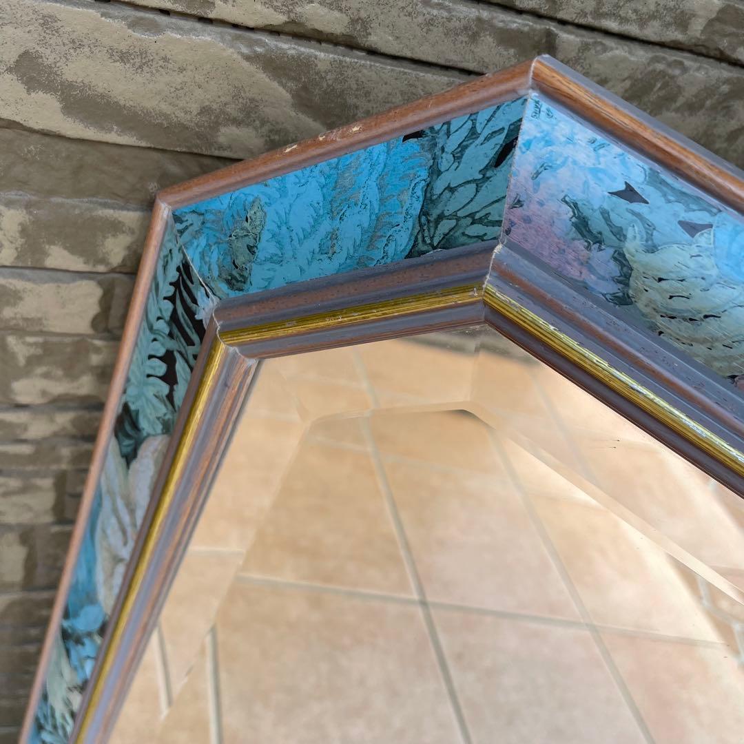 イタリア製 アンティーク調 ミラー 壁掛け 八角鏡 花模様 ウォールミラー