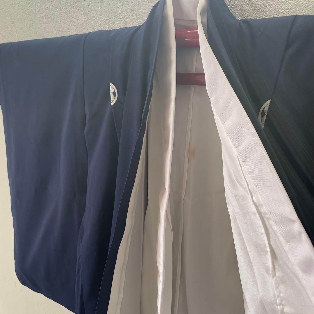 七五三　７歳　男の子　家紋入り　ネイビー色無地　羽織セット　袴セット