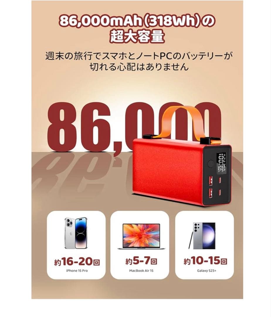モバイルバッテリー【86000mAh/140W】 小型ポータブルバッテリー