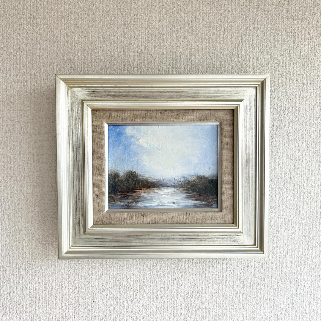 【額付き】 静かな川 風景 油絵 原画 ０号 インテリア