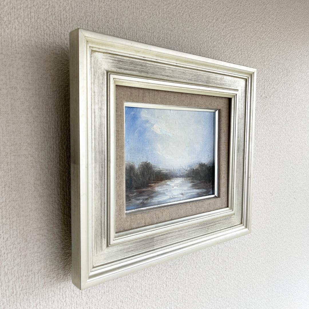 【額付き】 静かな川 風景 油絵 原画 ０号 インテリア