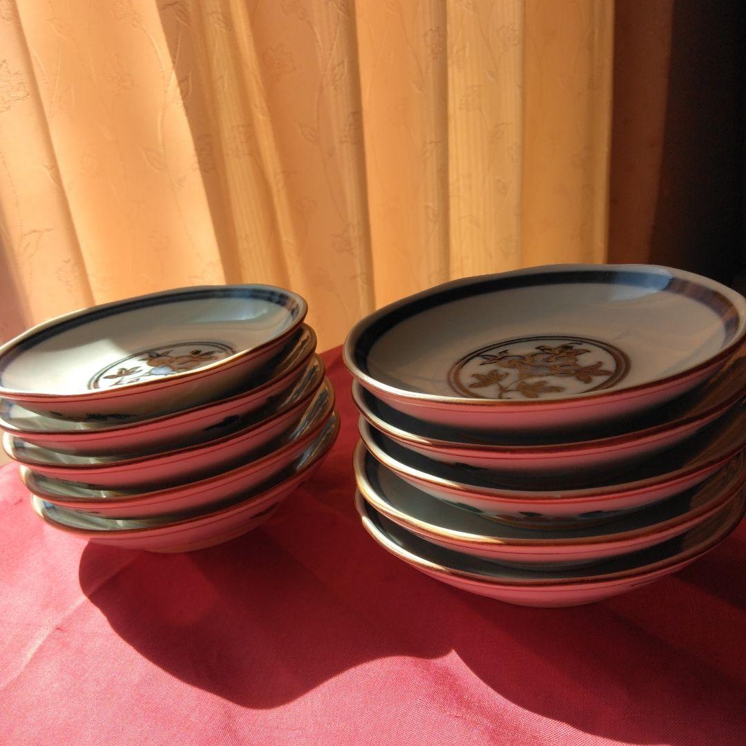 レトロ 手描き 清水焼き 青い花模様と色鮮やかな皿10枚セット