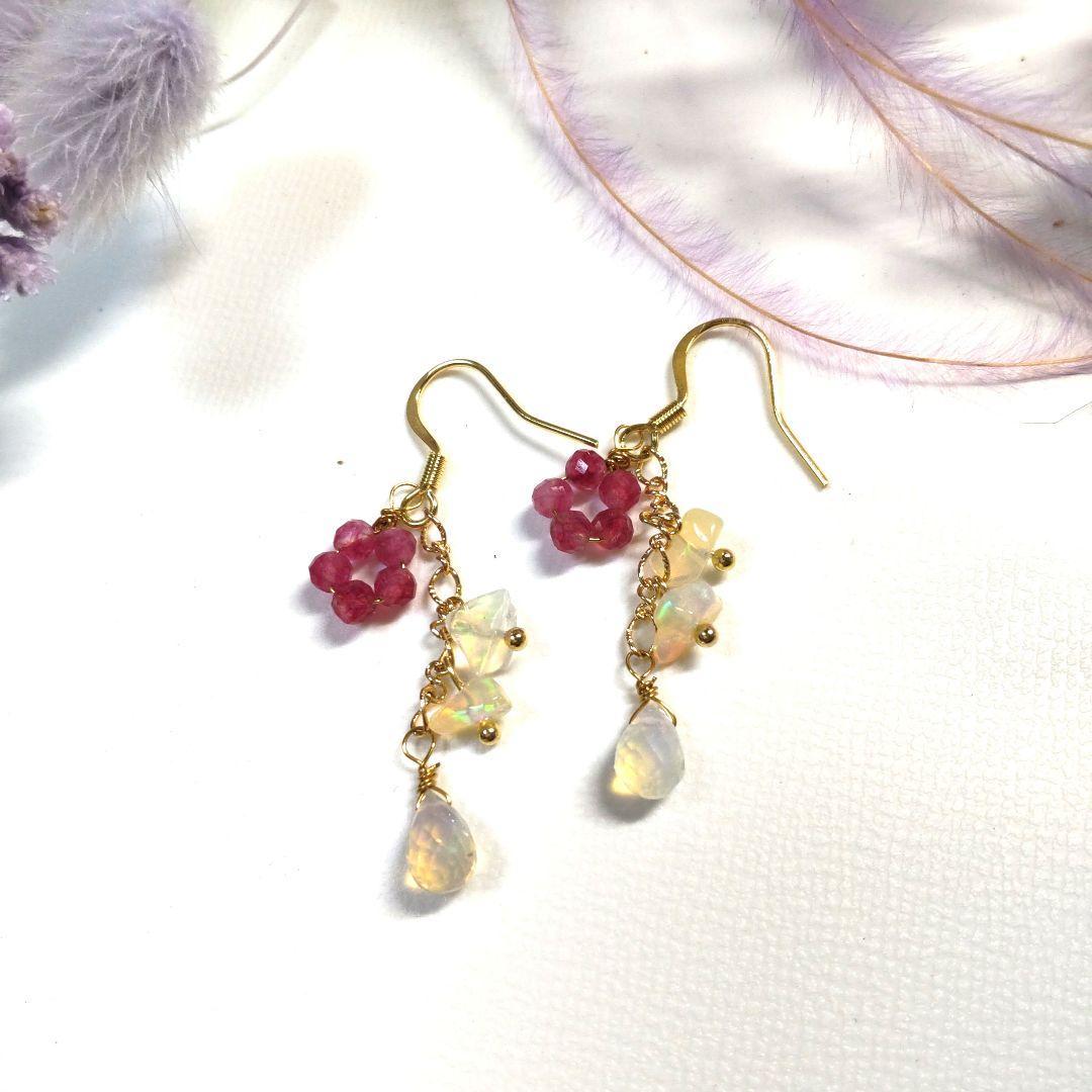 プレシャスオパール、ピンクトルマリン、ピアス ネックレスセット