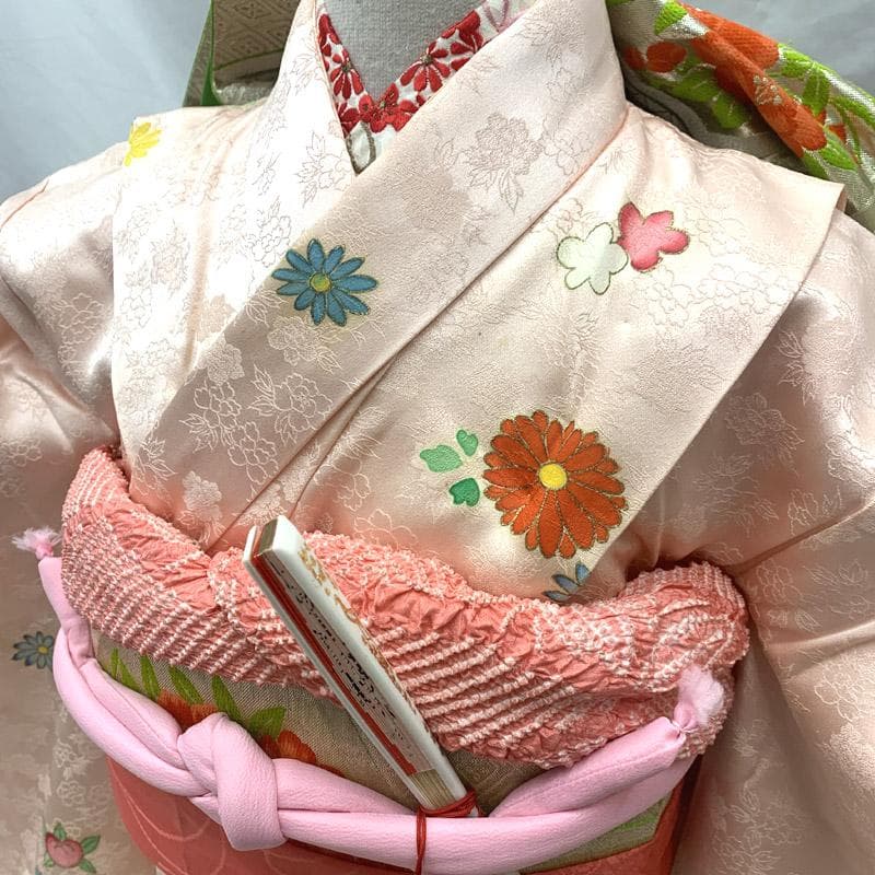 603ag6■七五三 七歳 女児 着物&袋帯&長襦袢 菊 橘 薄ピンク■良好