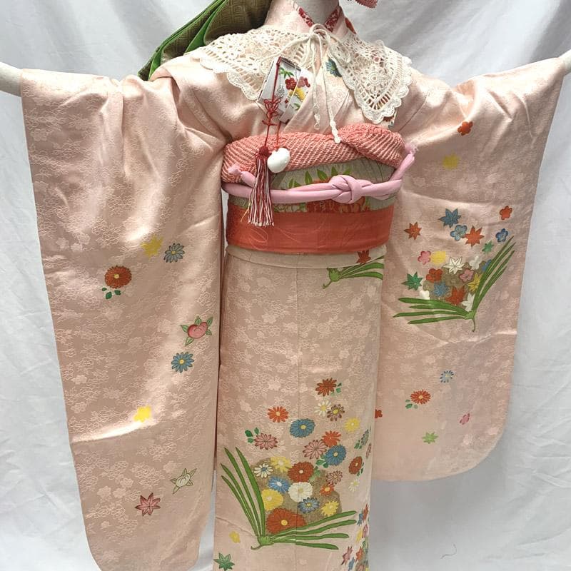 603ag6■七五三 七歳 女児 着物&袋帯&長襦袢 菊 橘 薄ピンク■良好