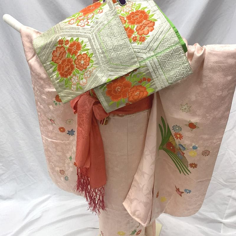 603ag6■七五三 七歳 女児 着物&袋帯&長襦袢 菊 橘 薄ピンク■良好