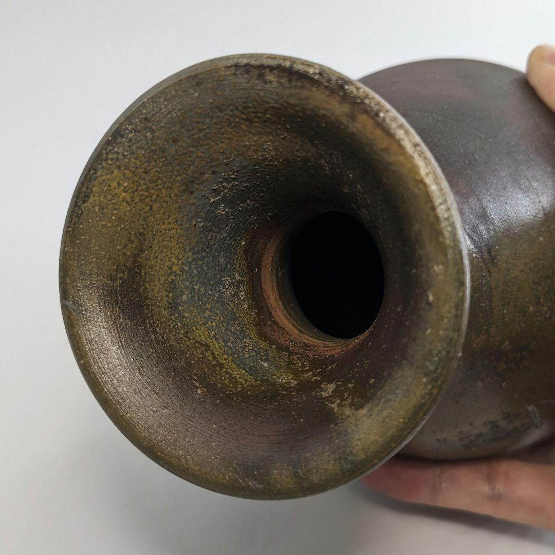 岡山県重要無形文化財 吉本正 備前焼 鶴首花入 共箱共布 虹彩 花器 華道具