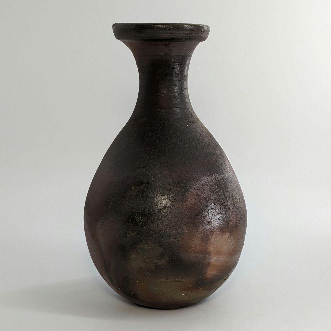 岡山県重要無形文化財 吉本正 備前焼 鶴首花入 共箱共布 虹彩 花器 華道具