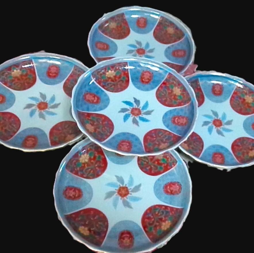 新品木箱入5客 林九郎窯 金彩赤絵輪花皿 染錦和皿揃