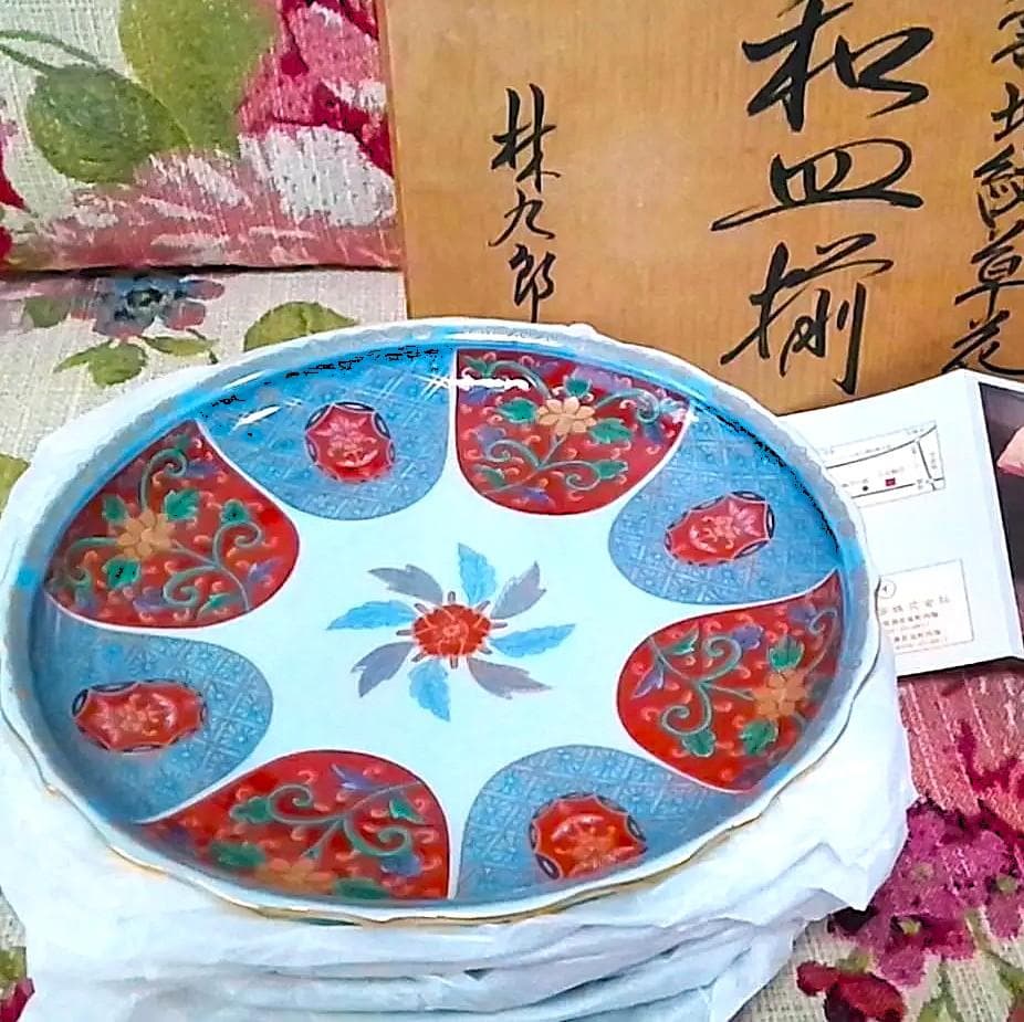 新品木箱入5客 林九郎窯 金彩赤絵輪花皿 染錦和皿揃