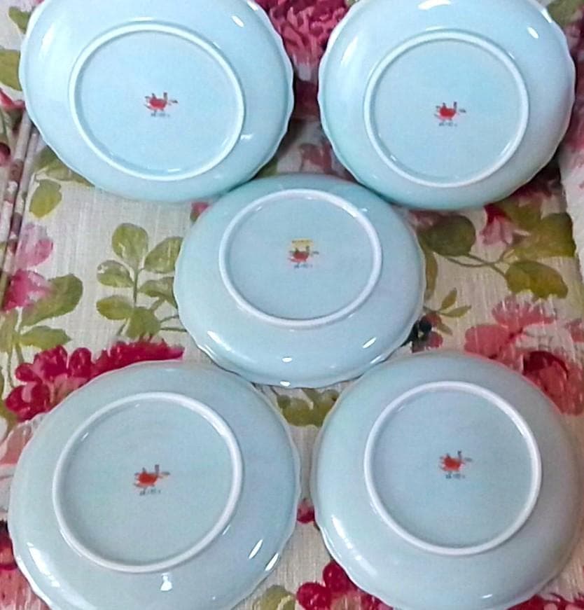 新品木箱入5客 林九郎窯 金彩赤絵輪花皿 染錦和皿揃