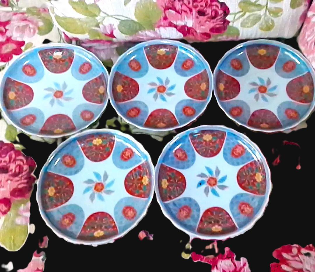 新品木箱入5客 林九郎窯 金彩赤絵輪花皿 染錦和皿揃