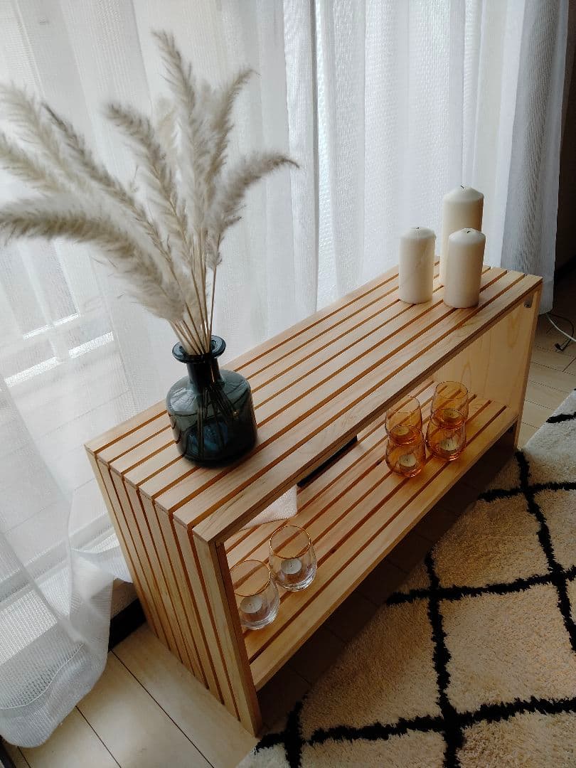 杉ルーバーの木箱　テーブル　収納棚　飾棚　サイドテーブル　テレビボード