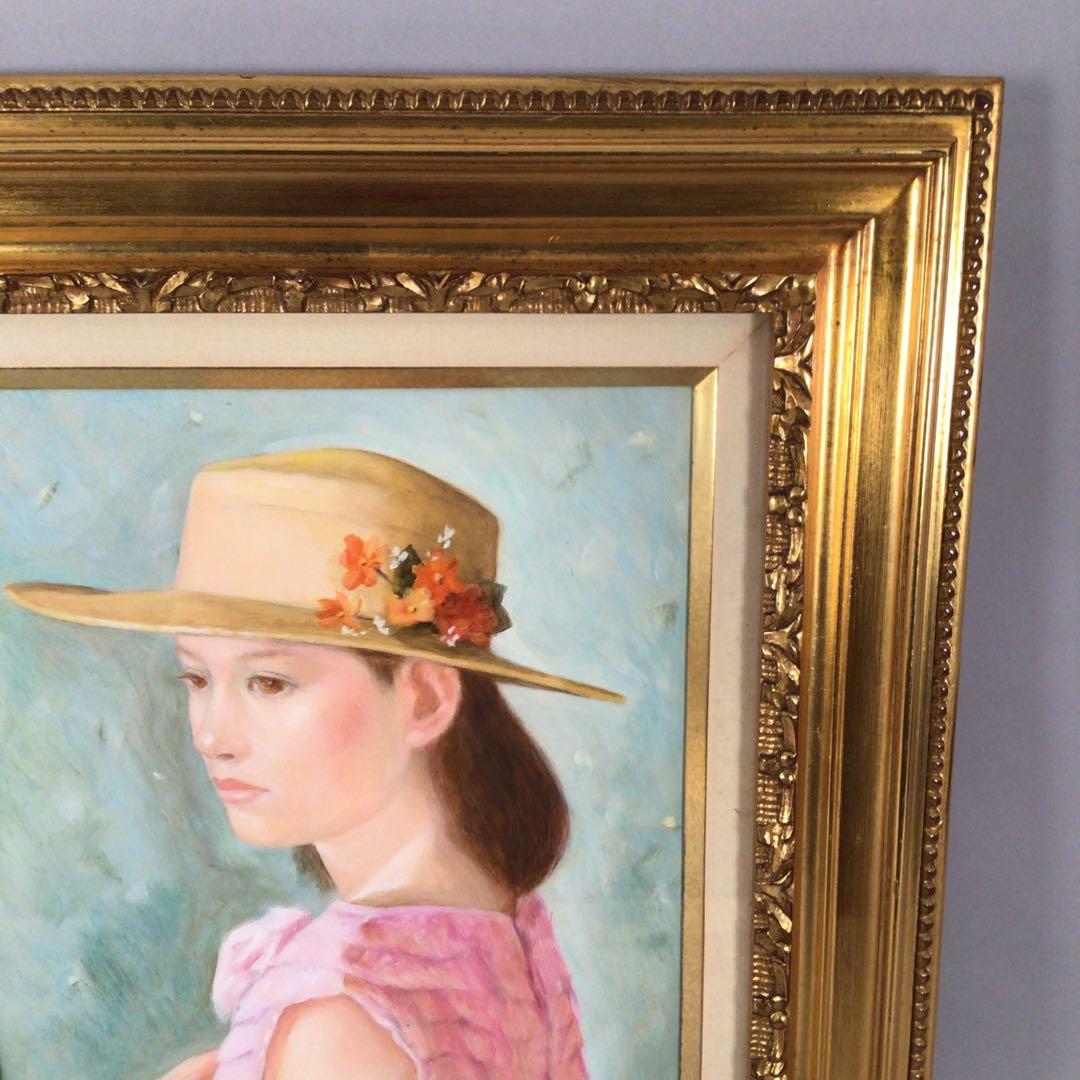 No3927 佐田昌治「花帽子の少女」　油彩画　直筆サイン　黄袋/畳箱　送料無料