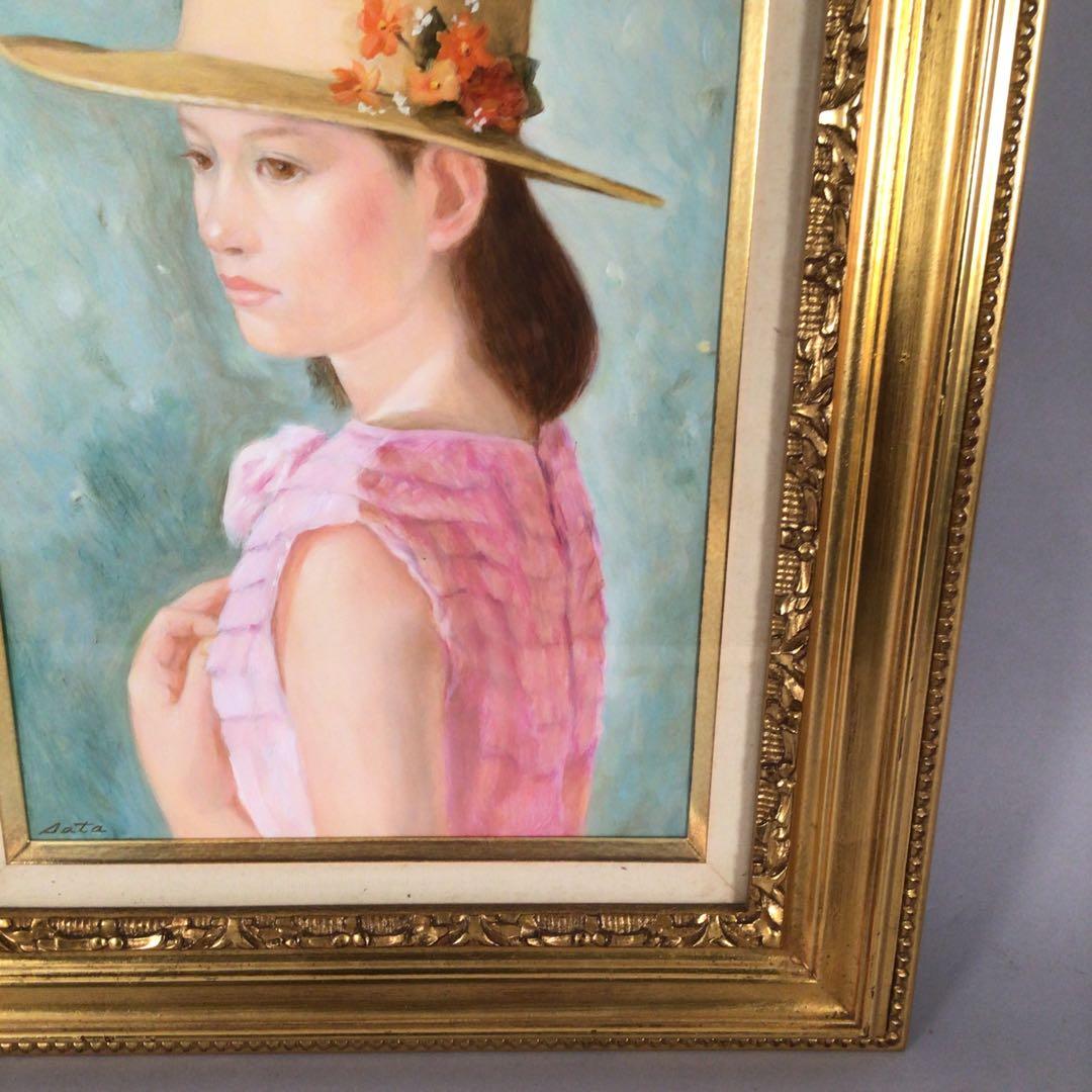 No3927 佐田昌治「花帽子の少女」　油彩画　直筆サイン　黄袋/畳箱　送料無料