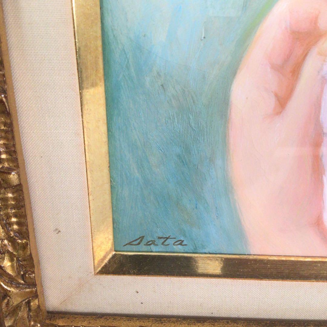 No3927 佐田昌治「花帽子の少女」　油彩画　直筆サイン　黄袋/畳箱　送料無料