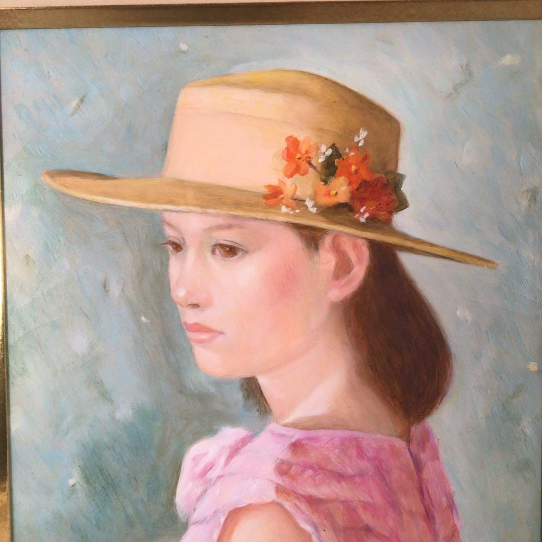 No3927 佐田昌治「花帽子の少女」　油彩画　直筆サイン　黄袋/畳箱　送料無料