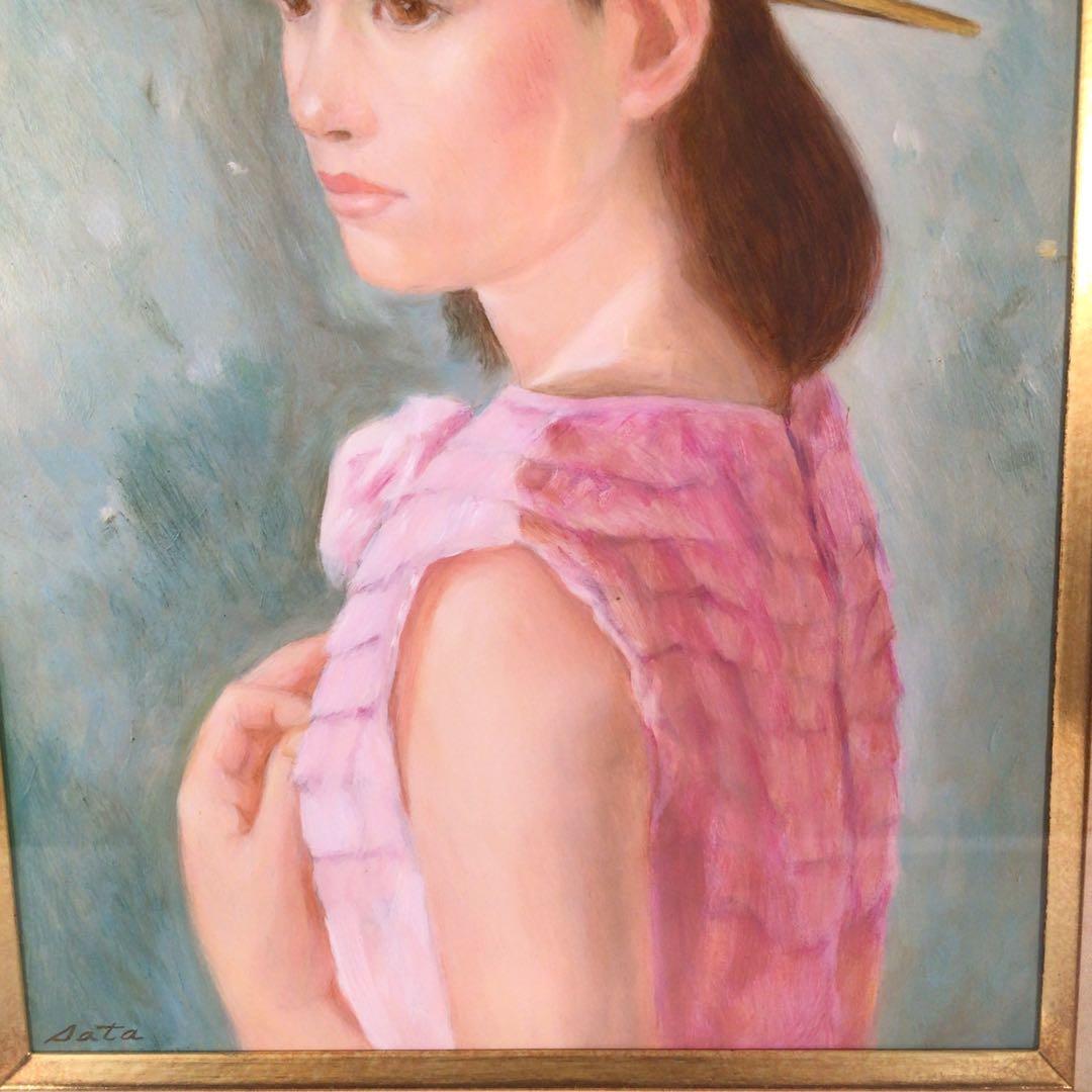 No3927 佐田昌治「花帽子の少女」　油彩画　直筆サイン　黄袋/畳箱　送料無料