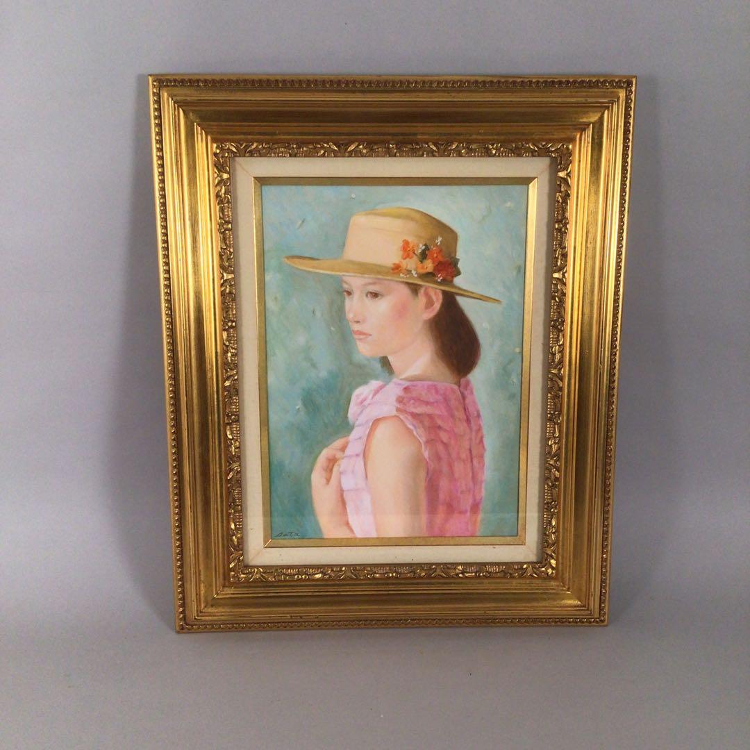 No3927 佐田昌治「花帽子の少女」　油彩画　直筆サイン　黄袋/畳箱　送料無料