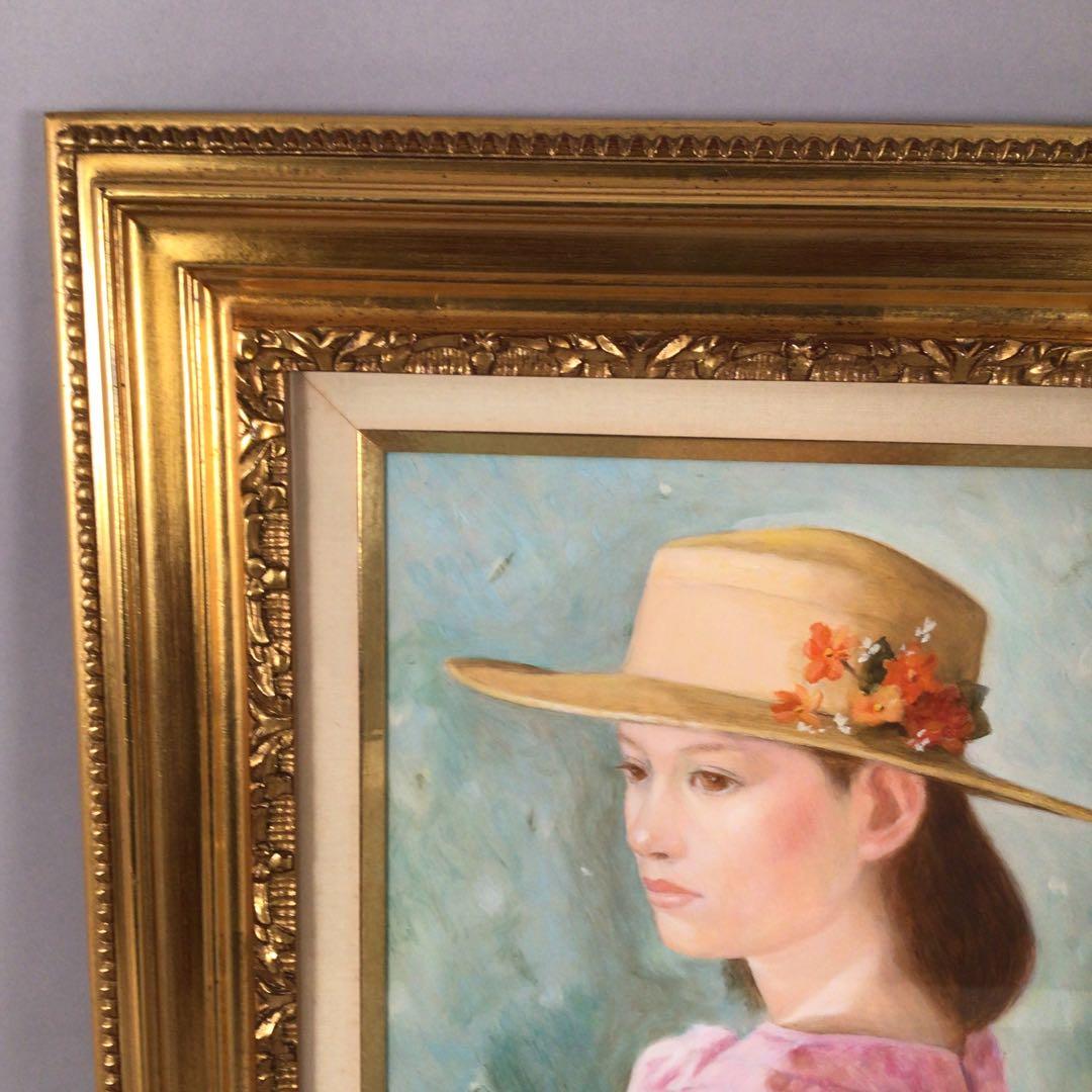 No3927 佐田昌治「花帽子の少女」　油彩画　直筆サイン　黄袋/畳箱　送料無料