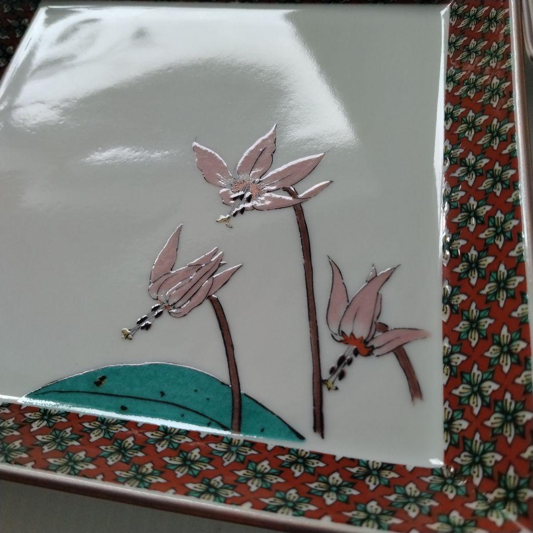 古九谷 九谷焼 九谷秋月 秋月 草花 絵替わり 角皿 正方皿 大皿 5客揃