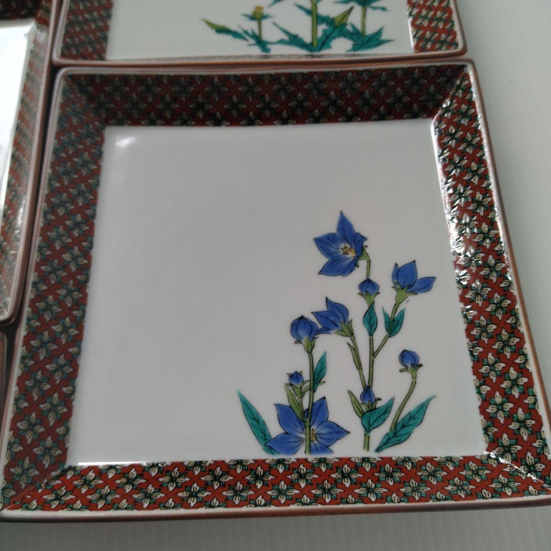古九谷 九谷焼 九谷秋月 秋月 草花 絵替わり 角皿 正方皿 大皿 5客揃