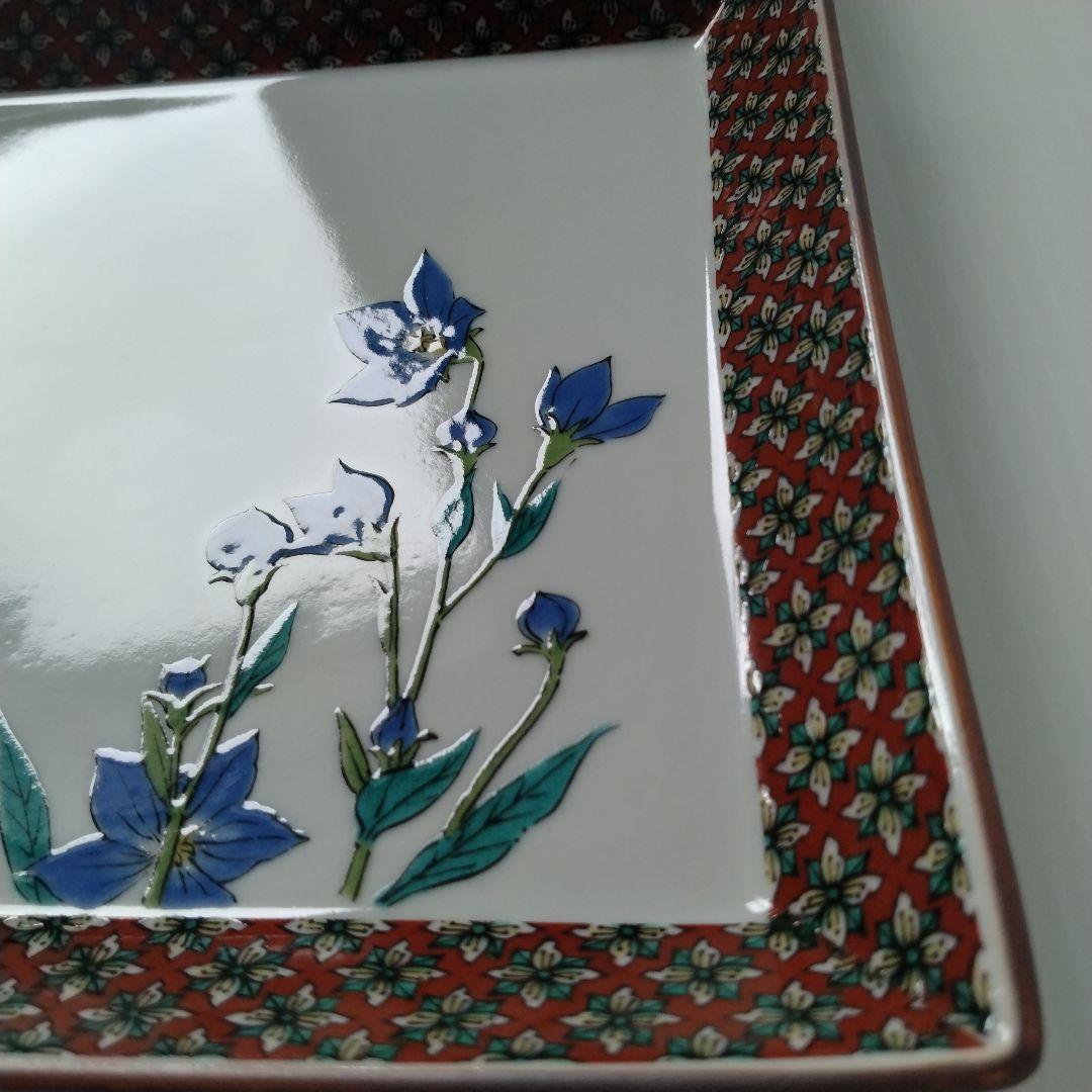 古九谷 九谷焼 九谷秋月 秋月 草花 絵替わり 角皿 正方皿 大皿 5客揃