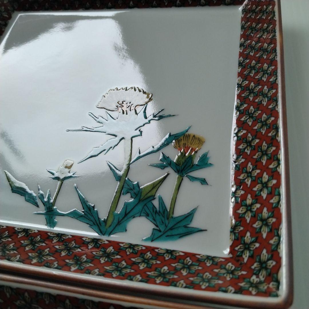 古九谷 九谷焼 九谷秋月 秋月 草花 絵替わり 角皿 正方皿 大皿 5客揃