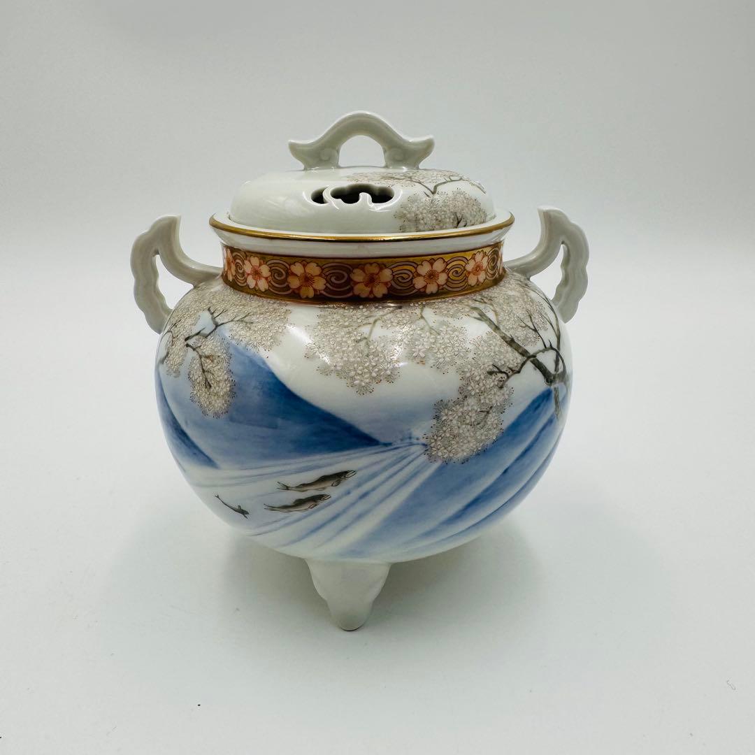 【オールド香蘭社　香炉　鮎に桜絵付】骨董　アンティーク　インテリア　香道具