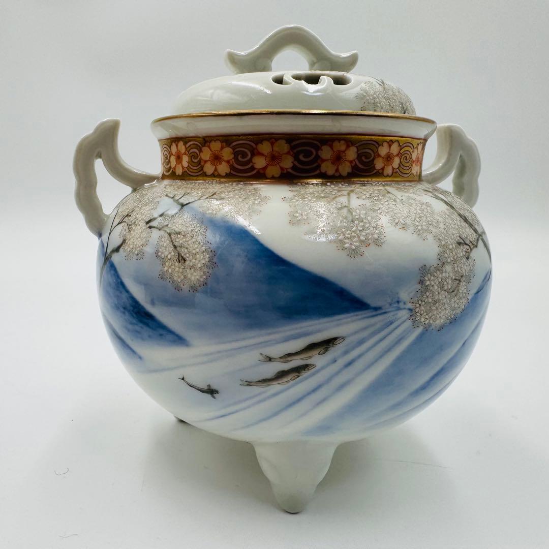 【オールド香蘭社　香炉　鮎に桜絵付】骨董　アンティーク　インテリア　香道具