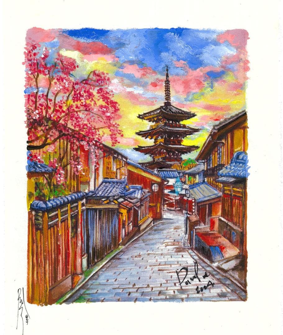 京都祇園の桜と五重塔を描いた水彩画