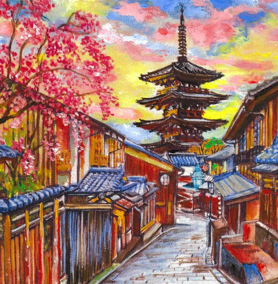 京都祇園の桜と五重塔を描いた水彩画