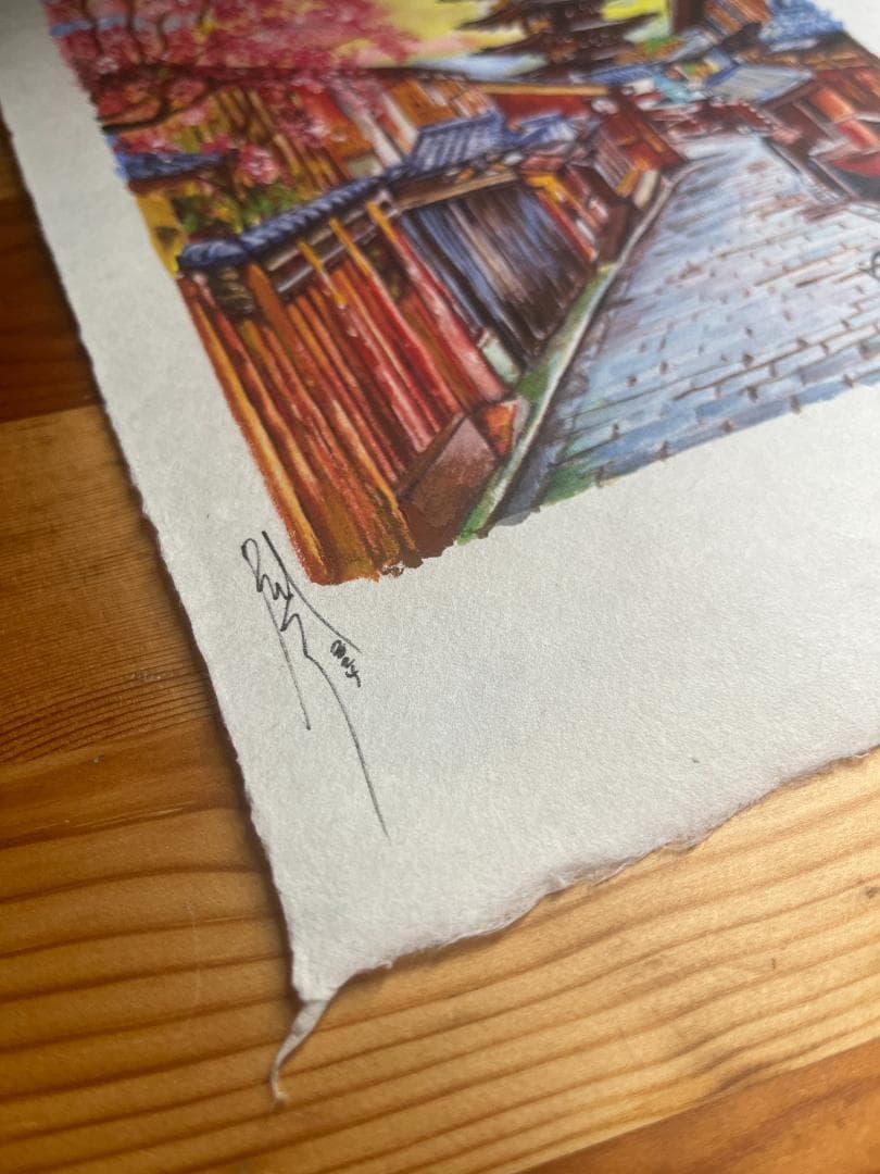 京都祇園の桜と五重塔を描いた水彩画