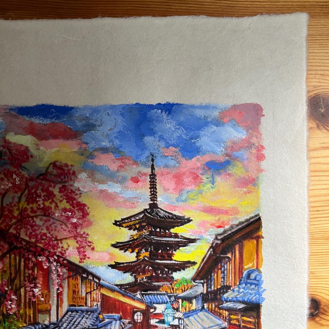 京都祇園の桜と五重塔を描いた水彩画